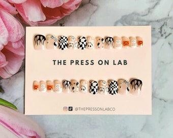 24 Pcs Short Square Checkerboard Flame Press on Nails, Glue on Nail, Y2K Fake Nails, Cute Halloween nails, Gift For her