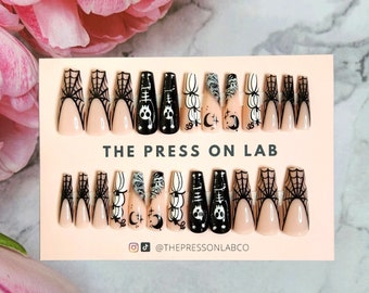 Halloween Press On Nails: Skeleton Spider Web Coffin Nails