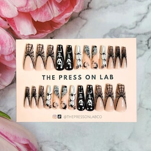 Halloween Press On Nails: Skeleton Spider Web Coffin Nails