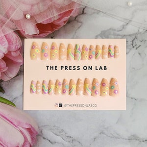 24 Pcs Rainbow Cloud Colorful Flower Press on Nails, Floral Press on nail, Almond Fake Nail, Glue on Nail, Birthday Gift For her