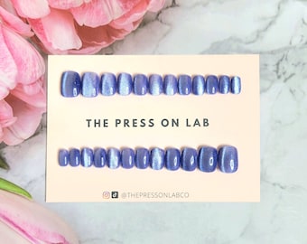Blue Cat Eye Short Square Press On Nails: 24 Pcs Fake Nails