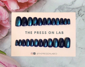 24 Pcs Aurora Color Navy Chrome Blue Press on Nails, Oval Press on, Cat Eye Fake Nail, Glue on Nail, Birthday Gift For her