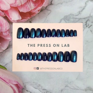 24 Pcs Aurora Color Navy Chrome Blue Press on Nails, Oval Press on, Cat Eye Fake Nail, Glue on Nail, Birthday Gift For her
