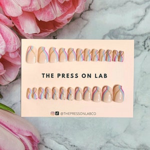 24 pcs Blue Pink Gold Swirl Press On Nails, Oval Y2K Nail Press On, Fake Nail, Glue On Nails, Birthday Gift For her
