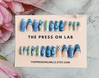 24 pcs Almond Blue Flower Hearts Checkerboard Press On Nail, Floral Press On Nails, Fake Nail, Glue On Nail, Summer Nails, Gift For her