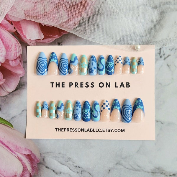24 pcs Almond Blue Flower Hearts Checkerboard Press On Nail, Floral Press On Nails, Fake Nail, Glue On Nail, Summer Nails, Gift For her