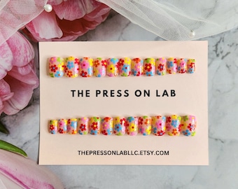 24 Pcs Square Colorful Flowers Press on Nails, Square Colorful Floral Fake Nail, Spring Nails, Summer nails, Cute Glue on Nail, Gift For her