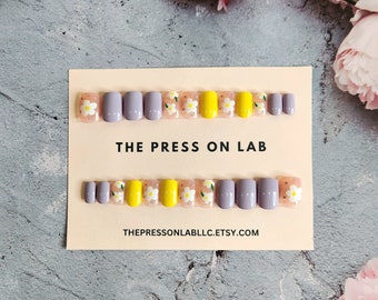 Floral Press On Nails: Square Yellow Lavender White Spring Nails
