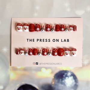 24 pcs Short Square Rudolph Santa Snowflake Press On Nails, Christmas Fake Nail , X-Mas Glue On Nails, Winter Nails, Holiday Gift For Her