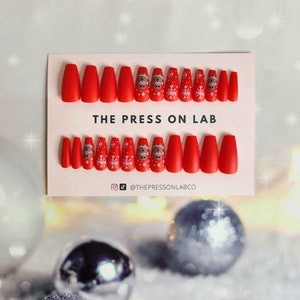 24 pcs Coffin Red Matte Gingerbread Man Snowflake Press On Nails, Christmas Fake Nail, X mas Glue On Nail, Winter Nail, Holiday Gift For Her