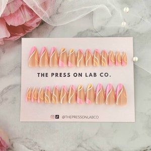 24 pcs Pink Waves Almond Press On Nail, Press On Nails,  Fake Nail, Glue On Nail,  Fake Nail, Medium Press On Nail, Gift for Her