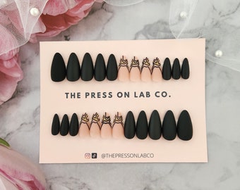 24 Pcs Matte Black Geometric Pattern Press-on Nail Set/ Almond Shape