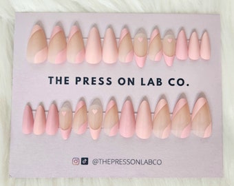 Almond Pink Heart Press On Nails - 24 Pcs Fake Nail Set