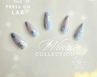 Almond Cat Eye Press On Nails: Glitter Silver Moon Star, Winter Holiday