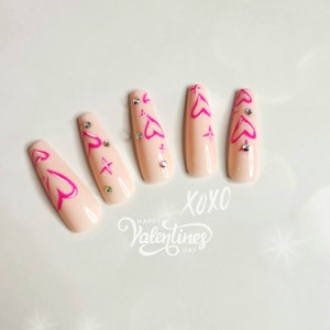 Pink Heart Rhinestone Press On Nails: Long Coffin Valentines Nails