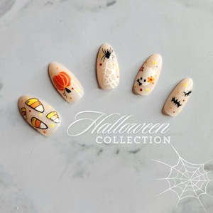 24 Pcs Halloween Almond Pumpkin Spider Web Bat Press on Nails, Glue on Nail, Fake Nails, Cute Ghost Halloween nails, Gift For her