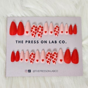 24 Pcs Cute Pink Red Heart Press-on Nail Set/ Almond Shape / Valentine's Nails