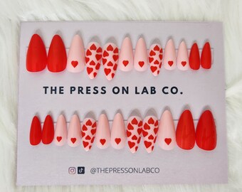 Pink Red Heart Almond Press-on Nails - Valentine's Day Set