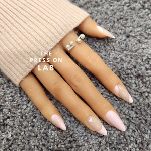 24 Pcs Almond  Pink Heart  Press on Nail, Heart Press on Nails, Pink Fake Nail, Glue on Nail, Press on nail Almond, Birthday Gift For her