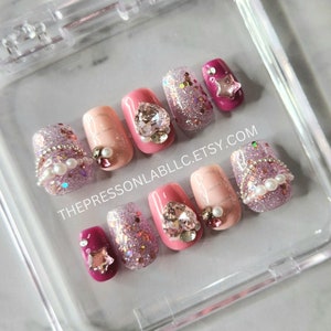 Handmade Coffin Pink Rhinestone Glitter Press On Nails