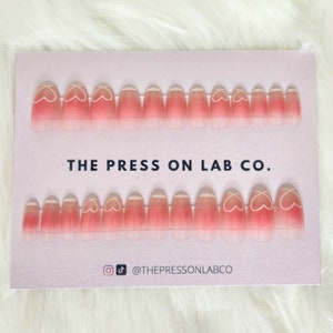 24 Pcs Pink Coffin Blush Heart Press-on Nail, Pink Blush Fake Nails, Glue on Nail, Pink Heart Valentines Nails, Gift for her
