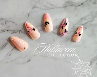 Halloween Press On Nails: Pink Almond Ghost, Spider Web, Pumpkin (24 Pcs)