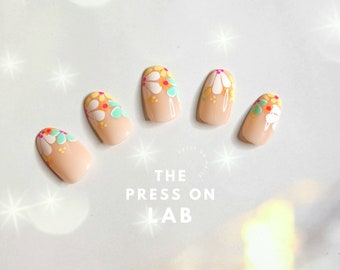 24 Oval Colorful Floral Press On Nails: Spring Summer Fake Nails