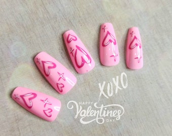 Pink Coffin Heart Press On Nails: Valentine's Day Fake Nail Set