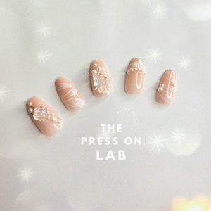 24 pcs Coffin Pink 3D Flowers Press On Nails, Faux Pearls Nail, Coffin Fake Nail, Glue On Nails,Gift for her, Wedding nails, Engagement Nail