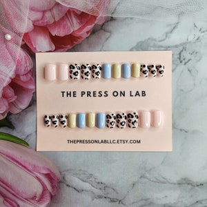 Leopard Print Press On Nails: Short Square Blue Green Nail Set