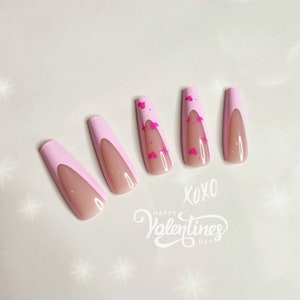 24 pcs Long Coffin Pink French Tips Hot Pink Heart Press on Nails, Cute Hearts Fake Nail, Glue On Nail, Pink Valentines Nails, Gift for Her