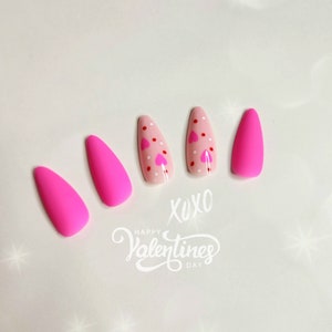 24 pcs Almond Pink Hearts Press on Nails, Matte Hot Pink Fake Nail, Glue On Nail, Pink Heart Valentines Day Nails, Gift for Her
