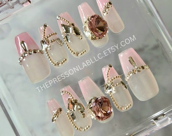 Pink French Rhinestone Press On Nails: Handmade Coffin Tip Nail Set