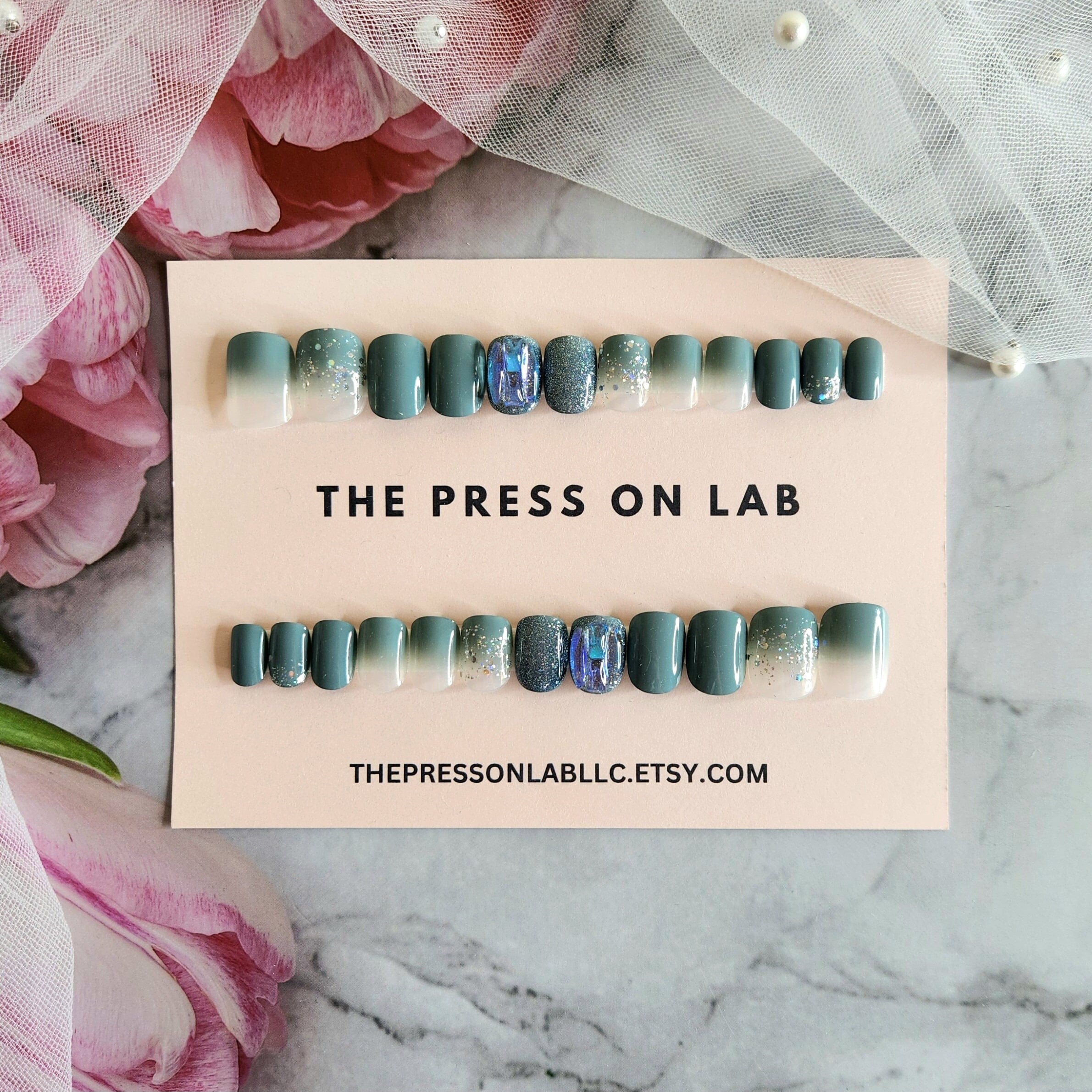 Ocean Blue Glitter Icy Press On Nails: Short Square Fake Nails