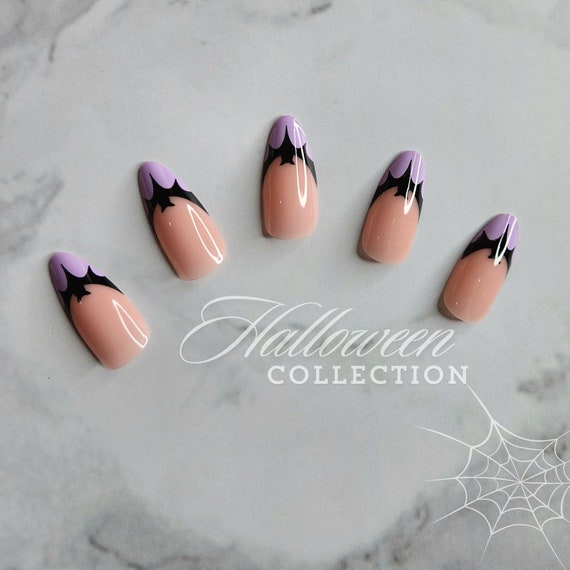 ＃766 ハロウィン✴パープルグラデーション✴ちょうちょ✴レジンヘアゴム Halloween Bat French Tip Press on Nails: Lavender Almond Nail Set