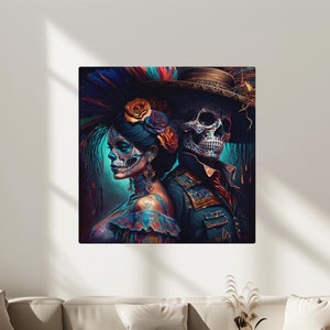 Lienzo de pareja del Día de Muertos, Impresiones de carteles, El Día de los Muertos, Fiesta Mexicana, Arte Cultural, Herencia Mexicana, Calavera, Listo para colgar