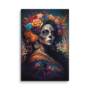 Lienzo del Día de la Mujer Muerta, Impresiones de carteles El Día de los Muertos, Fiesta Mexicana, Arte Cultural, Herencia Mexicana, Decoración de la pared, Listo para colgar
