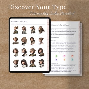 May include: A digital tablet displaying a personality type index with 16 different personality types. Each type is represented by a unique illustration of a woman. The text "Discover Your Type" and "Personality Index Unveiled" is displayed at the top of the screen.