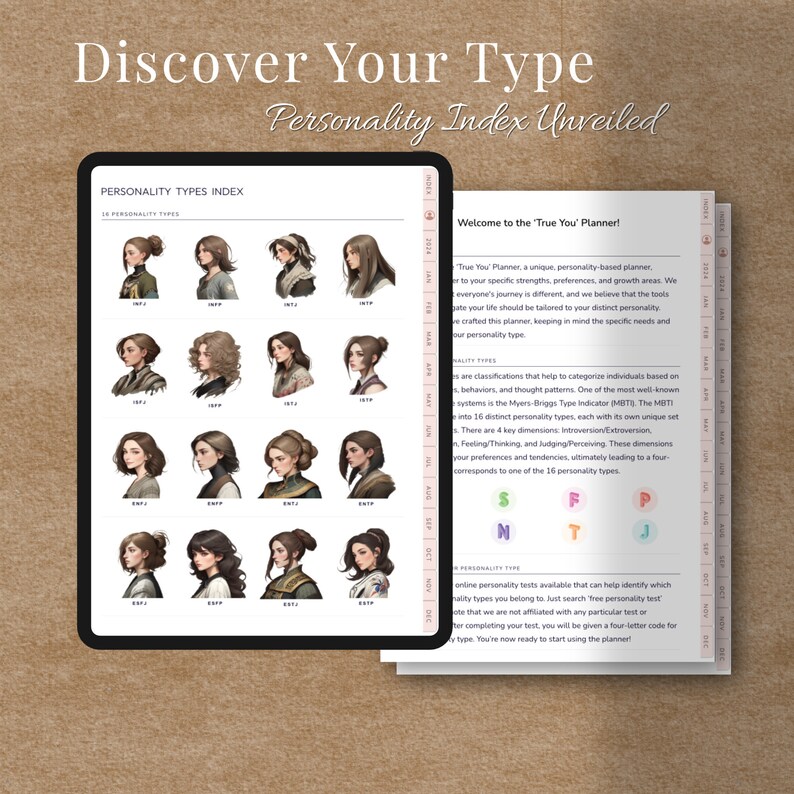 May include: A digital tablet displaying a personality type index with 16 different personality types. Each type is represented by a unique illustration of a woman. The text "Discover Your Type" and "Personality Index Unveiled" is displayed at the top of the screen.