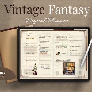 May include: A digital planner app on a tablet with a latte theme. The planner has a daily view with sections for "Morning", "Goals", "Highlights", "Mood", "Plans", and "Food Log". The app also includes a section for "2023 Will be My Year!" with a photo of a desk with a laptop and plants.