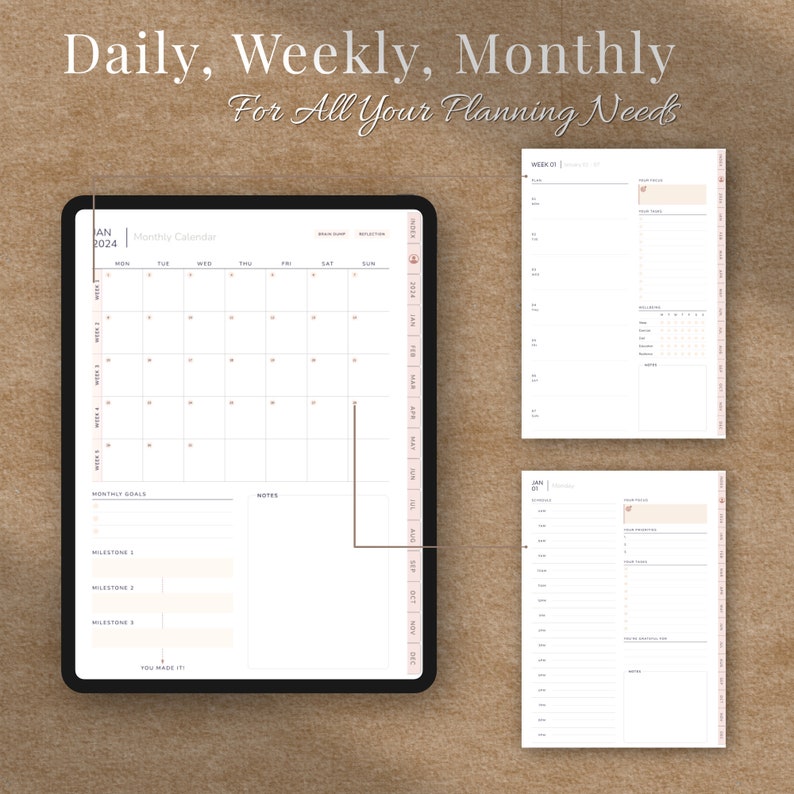 May include: A digital planner with a monthly calendar, weekly planner, and daily planner pages. The planner is designed for organizing and planning daily, weekly, and monthly tasks. The planner has a simple and modern design with a white background and black text.