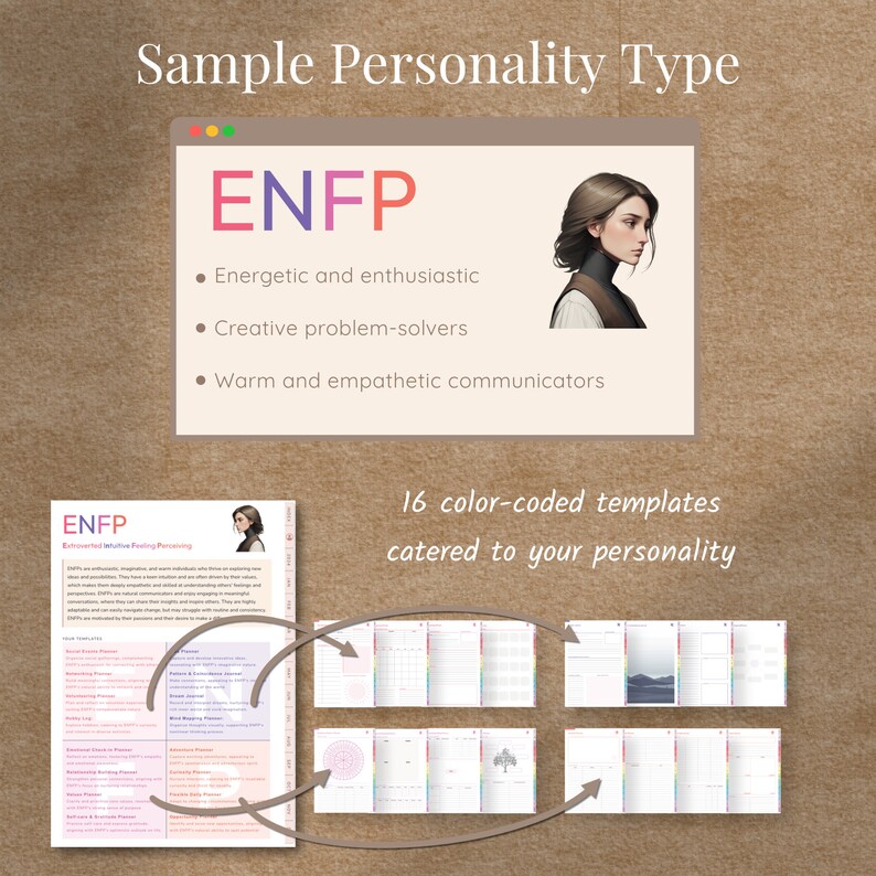 May include: A sample personality type chart for ENFPs, with the text "Energetic and enthusiastic", "Creative problem-solvers", and "Warm and empathetic communicators". The chart is illustrated with a woman with long brown hair and a white shirt. Below the chart is a description of 16 color-coded templates catered to your personality.