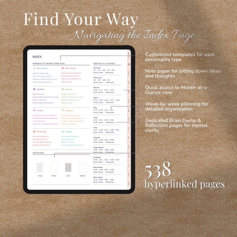 May include: A digital planner with a pink and green color scheme. The planner has a tabbed index with sections for personality-based templates, months at a glance, note paper, and brain dump pages. The text "Find Your Way" is at the top of the page. The text "538 hyperlinked pages" is at the bottom of the page.