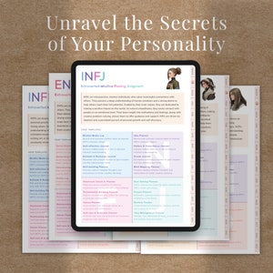May include: A digital tablet displaying a personality type chart for the INFJ personality type. The chart includes a description of the INFJ personality type, along with a list of templates and tools to help INFJs understand and manage their personality. The chart is illustrated with a cartoon image of a person with brown hair and blue eyes.