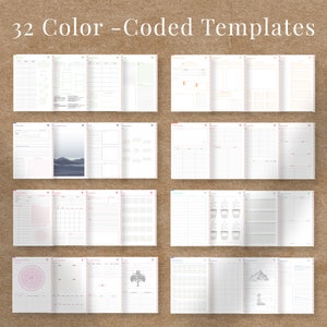 May include: Thirty-two color-coded printable planner templates. The templates feature a variety of designs, including a mountain range, a tree, a potted plant, and a circle with lines radiating from the center.
