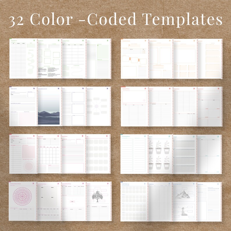 May include: Thirty-two color-coded printable planner templates. The templates feature a variety of designs, including a mountain range, a tree, a potted plant, and a circle with lines radiating from the center.