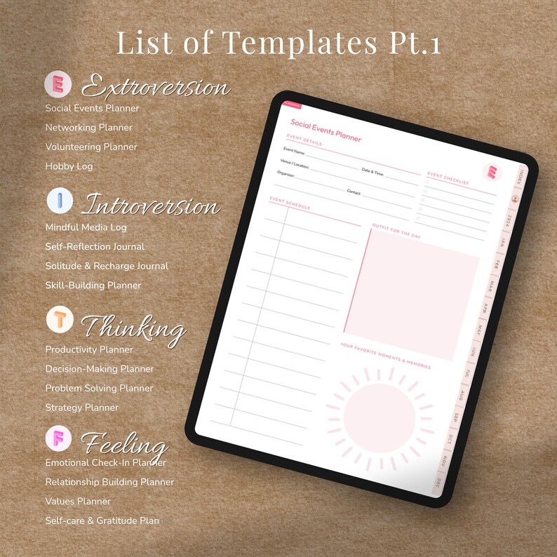 May include: A digital planner with a pink and white color scheme. The planner is open to a page titled "Social Events Planner" with sections for event details, schedule, and a checklist. The planner also includes a section for "Your Favorite Moments & Memories" with a pink sun graphic.
