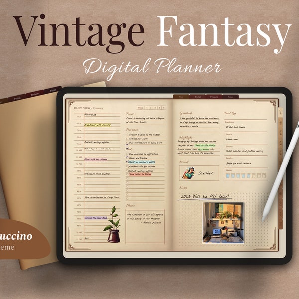2024 2023 Vintage Digital Planner - Undated Planner Journal - Tracker Templates - Goodnotes Notability - iPad Android- Cappuccino Theme