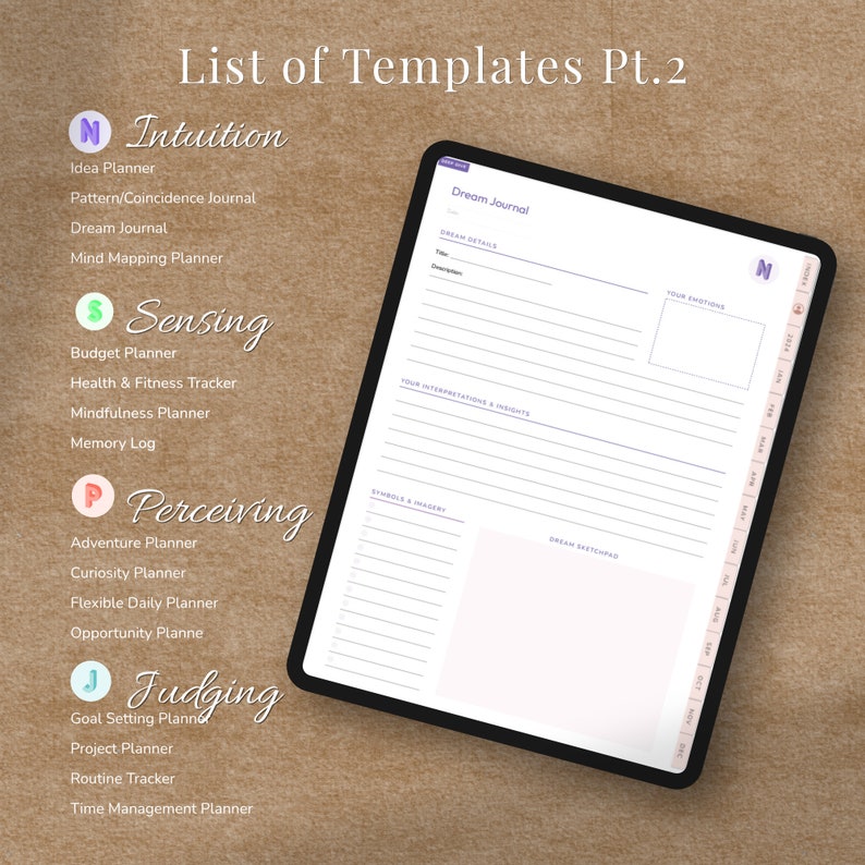 May include: A digital planner template for a dream journal. The template includes sections for dream details, interpretations, symbols, and a sketchpad. The template is designed to help users track and analyze their dreams.