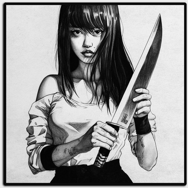 Femme Fatale girl with big knife. Digital Download for DIY Prints. Unique gift for fans of Horror, Anime and Manga . Dark and Edgy Art. B&W.